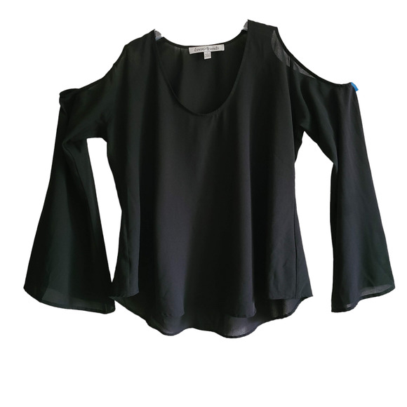 LOVERS + FRIENDS Black Bell Sleeve Cold Shoulder Top Blouse Scoop Neck Large - Picture 3 of 12
